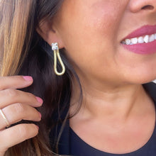 Load image into Gallery viewer, 18k Gold Filled 8.5mm Cubic Zirconia Square Stud Earrings With Dangling Smooth Snake Link, Princess Cut Square Studs,