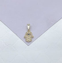 Load image into Gallery viewer, 18k Gold Filled Mini Hamsa Pendant: Royal Blue Evil Eye, CZ Stones