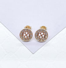 Load image into Gallery viewer, 18k Gold Filled Round Dainty Crowned Pave Four Leaf Clover Stud Earring
