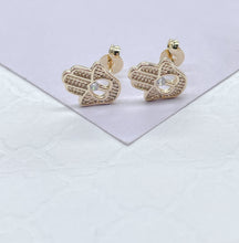 Load image into Gallery viewer, 18k Gold Filled Hamsa Hand Stud Earrings: CZ Heart Center