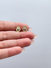 Load image into Gallery viewer, 18k Gold Filled Plain Textured Hamsa Hand Stud Earring With Heart Center & CZ Center, Hamsa Jewlery, Protection Jewlery, Dainty Studs