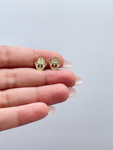 Load image into Gallery viewer, 18k Gold Filled Hamsa Hand Stud Earrings: CZ Heart Center