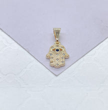 Load image into Gallery viewer, 18k Gold Filled Mini Hamsa Pendant: Royal Blue Evil Eye, CZ Stones