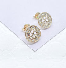 Load image into Gallery viewer, 18k Gold Filled Round Dainty Crowned Pave Four Leaf Clover Stud Earring
