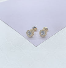 Load image into Gallery viewer, 18k Gold Filled 7mm Round Princess Cut Embezzled Stud Earring, Dainty Studs, Gold-filled Jewlery.