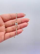 Load image into Gallery viewer, 18k Gold Filled Adjustable Tennis Evil Eye Bracelet Featuring Slide Clasp Hypoallergenic Jewelry, Tennis Bracelet, Dainty Evil Eye,