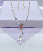Load image into Gallery viewer, Silver Filled Small oval Colorful Rosary Necklace, Multicolor Fashion Jesus Medal
