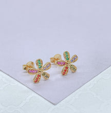 Load image into Gallery viewer, 18k Gold Filled Colorful CZ Flower Stud Earrings: Dainty Floral Studs