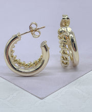 Load image into Gallery viewer, 18k Gold Filled Double Link Smooth And Twisted Pushback Open Hoop Earring C-Hoop