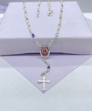 Load image into Gallery viewer, Silver Filled Small oval Colorful Rosary Necklace, Multicolor Fashion Jesus Medal