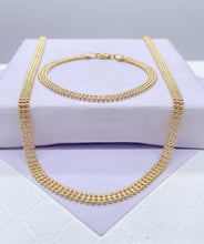 Load image into Gallery viewer, 18k Gold Filled 4mm Three Rowed Beaded Necklace and Bracelet Set