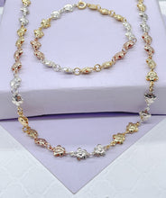 Load image into Gallery viewer, 18k Gold Filled Tri-Color Flower Necklace and Bracelet, Three Tone Jewlery