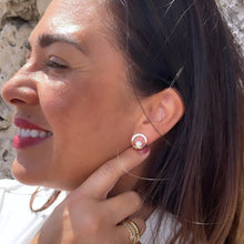 Load image into Gallery viewer, 18k Gold Filled Dainty Gold Studs, Crowned with CZ Stones and Pearl Center Piece