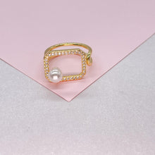 Load image into Gallery viewer, Adjustable 18k Gold Filled CZ and pearl Square Ring Dainty Jewelry