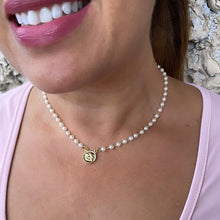 Load image into Gallery viewer, 18k Gold Filled Dainty Pearl Choker with Angle Medallion Center Piece Choker