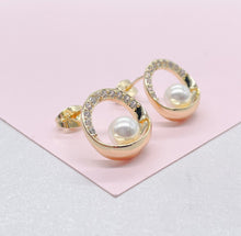 Load image into Gallery viewer, 18k Gold Filled Dainty Gold Studs, Crowned with CZ Stones and Pearl Center Piece