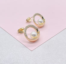 Load image into Gallery viewer, 18k Gold Filled Dainty Gold Studs, Crowned with CZ Stones and Pearl Center Piece