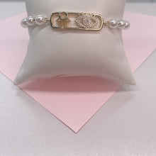Load image into Gallery viewer, 18k Gold Filled Pearl Adjustable Bracelet with Evil Eye and Hamsa