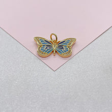 Load image into Gallery viewer, 18k Gold Filled Blue tones Enamel Butterfly Charm With CZ Pave