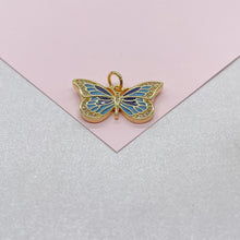 Load image into Gallery viewer, 18k Gold Filled Blue tones Enamel Butterfly Charm With CZ Pave