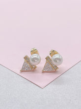 Load image into Gallery viewer, 18k Gold Filled Faux Pearl Stud with Triangle CZ Stone