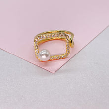 Load image into Gallery viewer, Adjustable 18k Gold Filled CZ and pearl Square Ring Dainty Jewelry