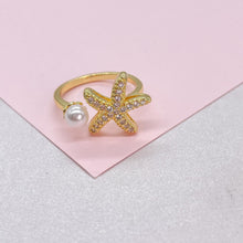 Load image into Gallery viewer, Adjustable 18k Gold Filled CZ and pearl Star-Fish Ring Dainty Jewelry