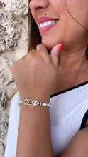 Load image into Gallery viewer, 18k Gold Filled Adjustable Hamsa and Evil Eye Pearl Bracelet