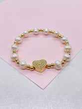 Load image into Gallery viewer, 18k Gold Filled 6mm Elastic Beaded with Pearl Beads and Heart