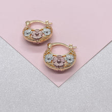 Load image into Gallery viewer, 18k Gold Filled Tri-Colored Thick Open Hollow Hoop Earrings With Floral Design