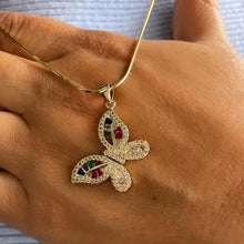 Load image into Gallery viewer, 18k Gold Filled Colorful Butterfly Pendant with Colorful Baguette Stones and White Pave