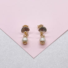Load image into Gallery viewer, 18k Gold Filled Seashell and Dangling Pearl Earrings