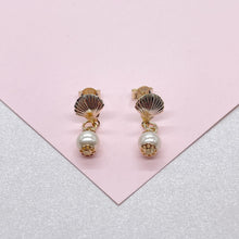 Load image into Gallery viewer, 18k Gold Filled Seashell and Dangling Pearl Earrings