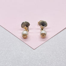 Load image into Gallery viewer, 18k Gold Filled Seashell and Dangling Pearl Earrings