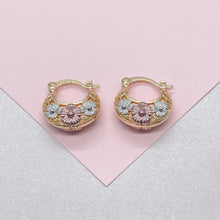 Load image into Gallery viewer, 18k Gold Filled Tri-Colored Thick Open Hollow Hoop Earrings With Floral Design