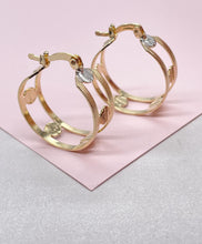 Load image into Gallery viewer, 18k Gold Filled Dainty 3 Tone Screw Patterned Hoops