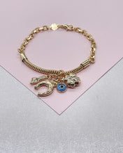 Load image into Gallery viewer, 18k Gold Filled Snake and Curb Link Bracelet with Lucky Charm Bundle Available in 2 Colors