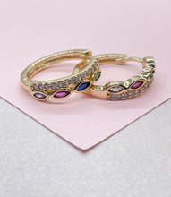 Load image into Gallery viewer, 18k Gold Filled Huggie Hoop With Colorful Marquise cut Stones and CZ Pave