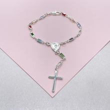 Load image into Gallery viewer, Silver Filled Small Baguette-Cut Colorful Rosary Bracelet, Multicolor with Virgin and Cross Medal
