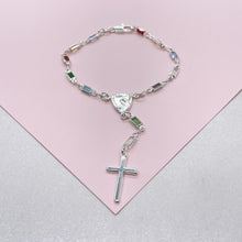 Load image into Gallery viewer, Silver Filled Small Baguette-Cut Colorful Rosary Bracelet, Multicolor with Virgin and Cross Medal