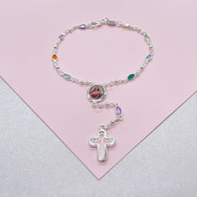 Load image into Gallery viewer, Silver Filled Small Round Colorful Rosary Bracelet, Multicolor with Jesus and Cross Medal