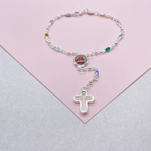 Load image into Gallery viewer, Silver Filled Small Round Colorful Rosary Bracelet, Multicolor with Jesus and Cross Medal