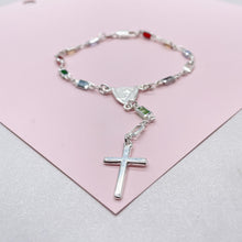 Load image into Gallery viewer, Silver Filled Small Baguette-Cut Colorful Rosary Bracelet, Multicolor with Virgin and Cross Medal