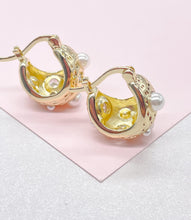 Load image into Gallery viewer, 18k Gold Filled Gold Basket Hoop with Mismatched Pearl and CZ Stones Engraved