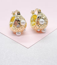 Load image into Gallery viewer, 18k Gold Filled Gold Basket Hoop with Mismatched Pearl and CZ Stones Engraved