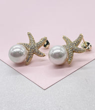 Load image into Gallery viewer, 18k Gold Filled CZ Pave Star and Faux Pearl Stud Earring Featuring StarFish