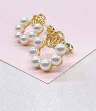 Load image into Gallery viewer, 18k Gold Filled Open Circle Drop Earring featuring Smooth Pearls all around and flower