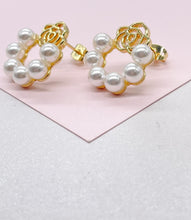 Load image into Gallery viewer, 18k Gold Filled Open Circle Drop Earring featuring Smooth Pearls all around and flower
