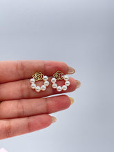 Load image into Gallery viewer, 18k Gold Filled Open Circle Drop Earring featuring Smooth Pearls all around and flower