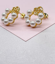 Load image into Gallery viewer, 18k Gold Filled Open Circle Drop Earring featuring Smooth Pearls all around and flower